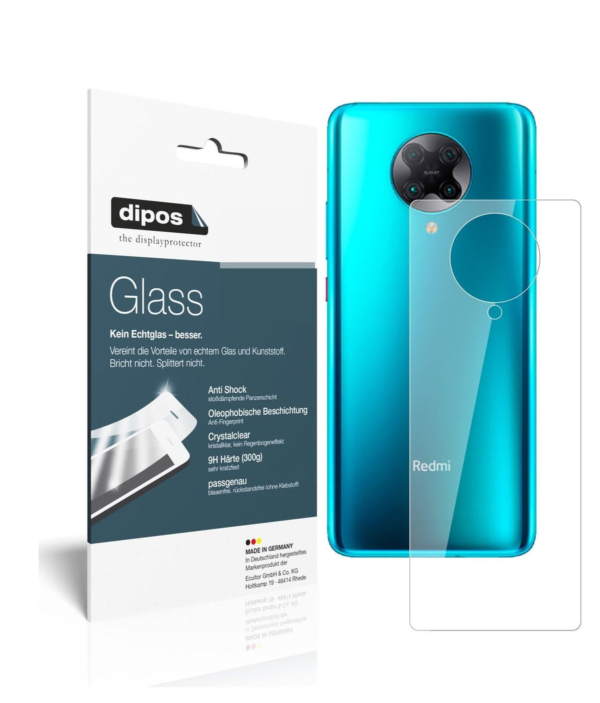 Klare Displayschutzfolie von dipos passend für Xiaomi Redmi K30 Pro Rückseite, 9H kratzfest und blasenfrei montiert