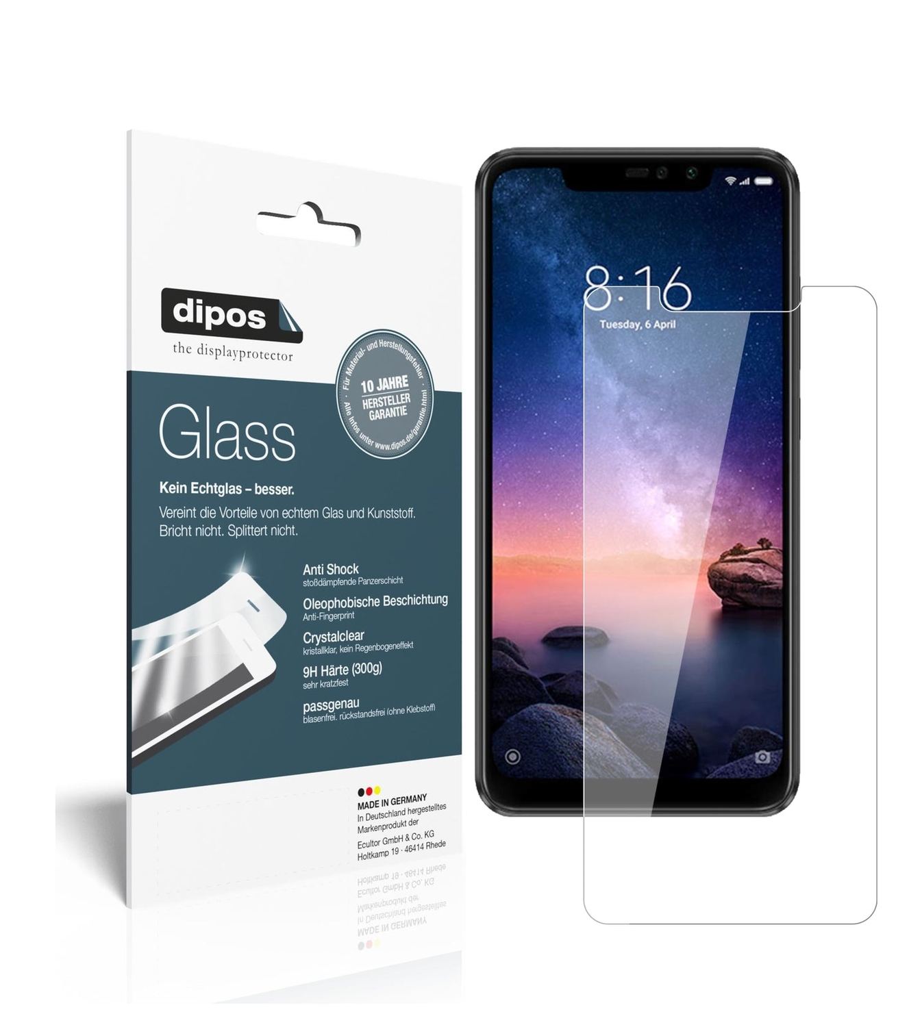Klare Displayschutzfolie von dipos passend für Xiaomi Redmi Note 6 Pro, 9H kratzfest und blasenfrei montiert