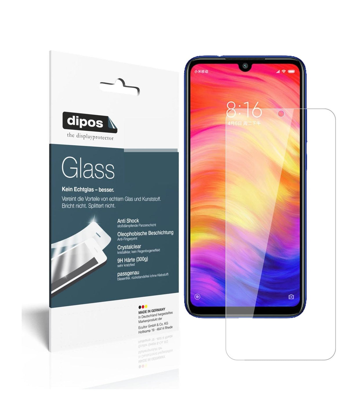 Klare Displayschutzfolie von dipos passend für Xiaomi Redmi Note 7, 9H kratzfest und blasenfrei montiert