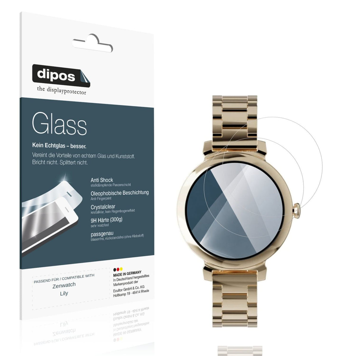 Klare Displayschutzfolie von dipos passend für Zenwatch Lily, 9H kratzfest und blasenfrei montiert