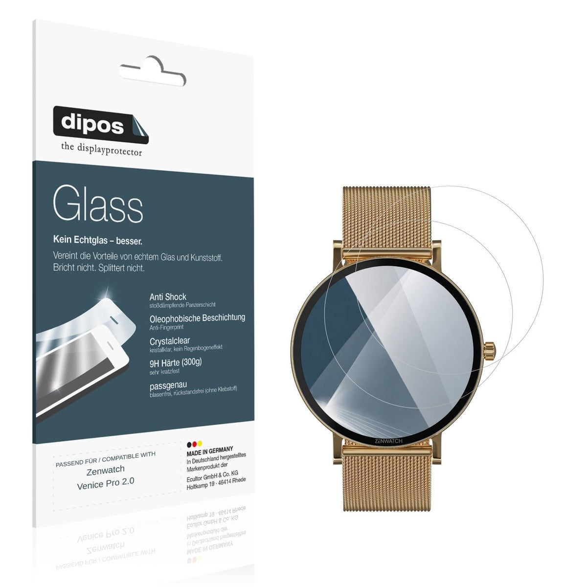Klare Displayschutzfolie von dipos passend für Zenwatch Venice Pro 2.0, 9H kratzfest und blasenfrei montiert