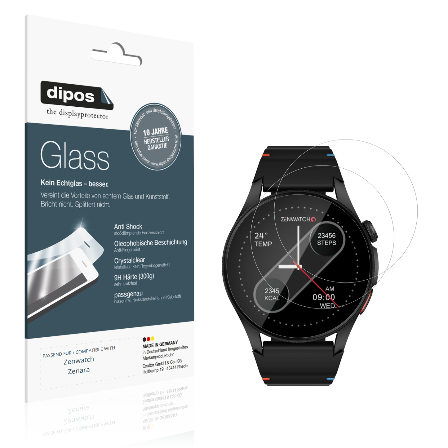 Klare Displayschutzfolie von dipos passend für Zenwatch Zenara, 9H kratzfest und blasenfrei montiert