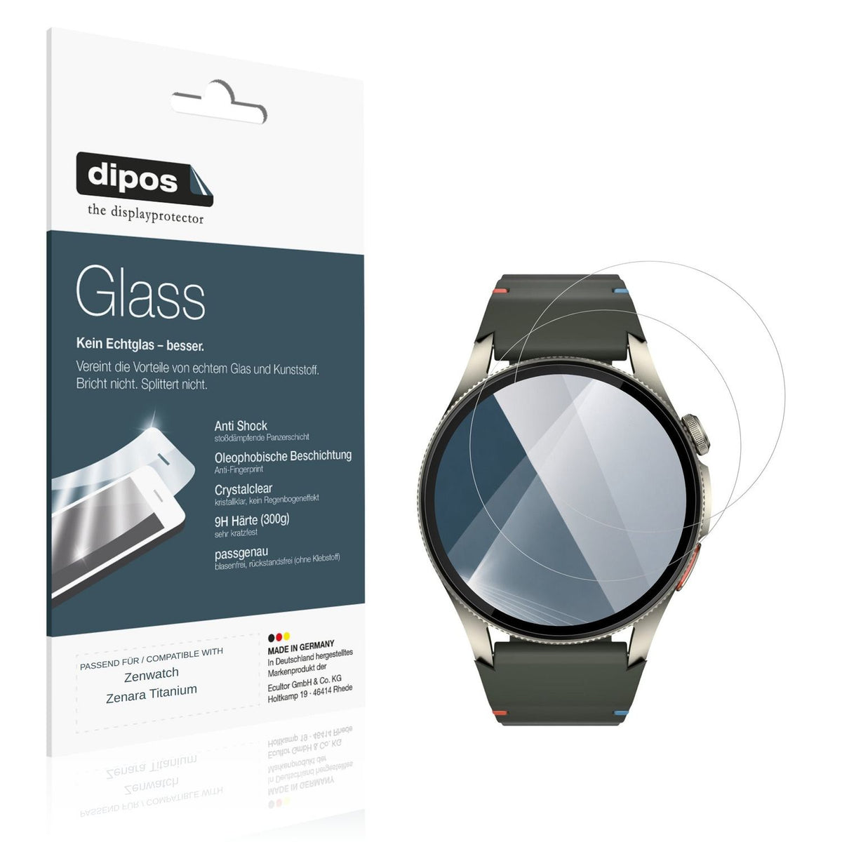Klare Displayschutzfolie von dipos passend für Zenwatch Zenara Titanium, 9H kratzfest und blasenfrei montiert
