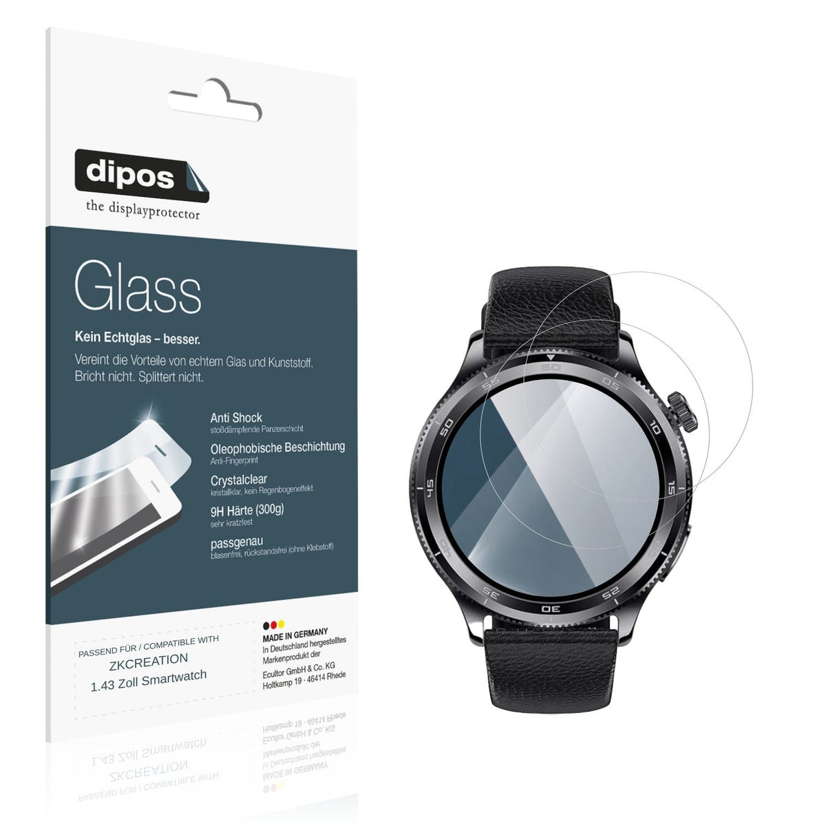 Klare Displayschutzfolie von dipos passend für ZKCREATION 1.43 Zoll Smartwatch, 9H kratzfest und blasenfrei montiert