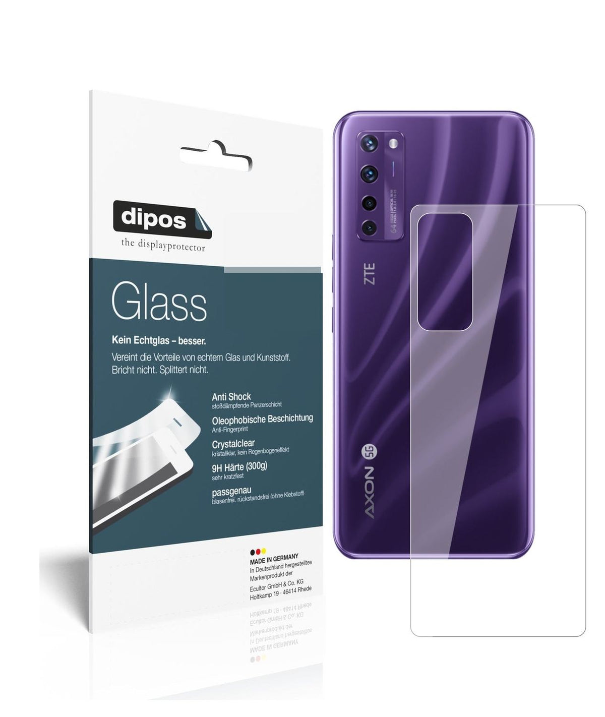 Klare Displayschutzfolie von dipos passend für ZTE Axon 20 5G Rückseite, 9H kratzfest und blasenfrei montiert