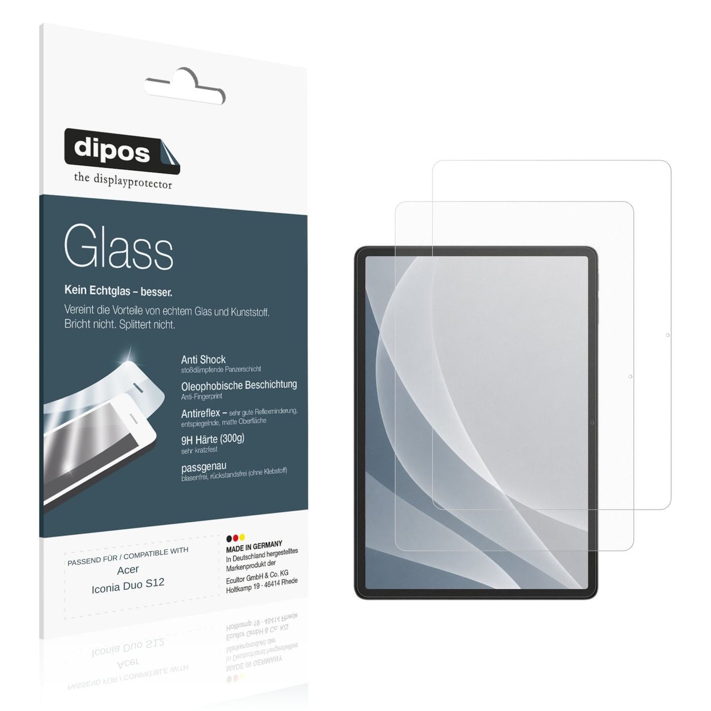 Matte Displayschutzfolie von dipos passend für Acer Iconia Duo S12, 9H kratzfest und blasenfrei montiert