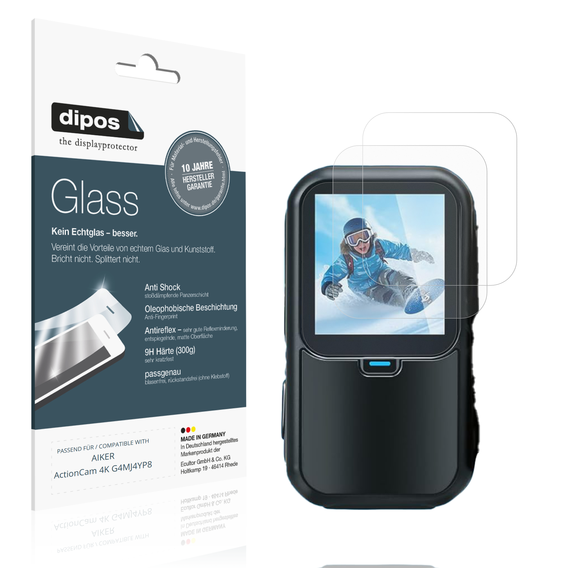Matte Displayschutzfolie von dipos passend für AIKER ActionCam 4K G4MJ4YP8, 9H kratzfest und blasenfrei montiert