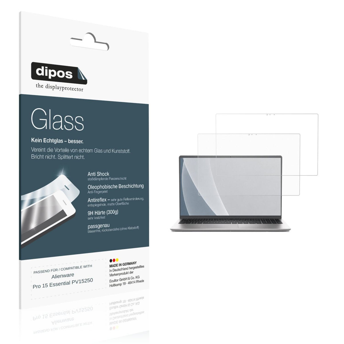 Matte Displayschutzfolie von dipos passend für Alienware Pro 15 Essential PV15250, 9H kratzfest und blasenfrei montiert