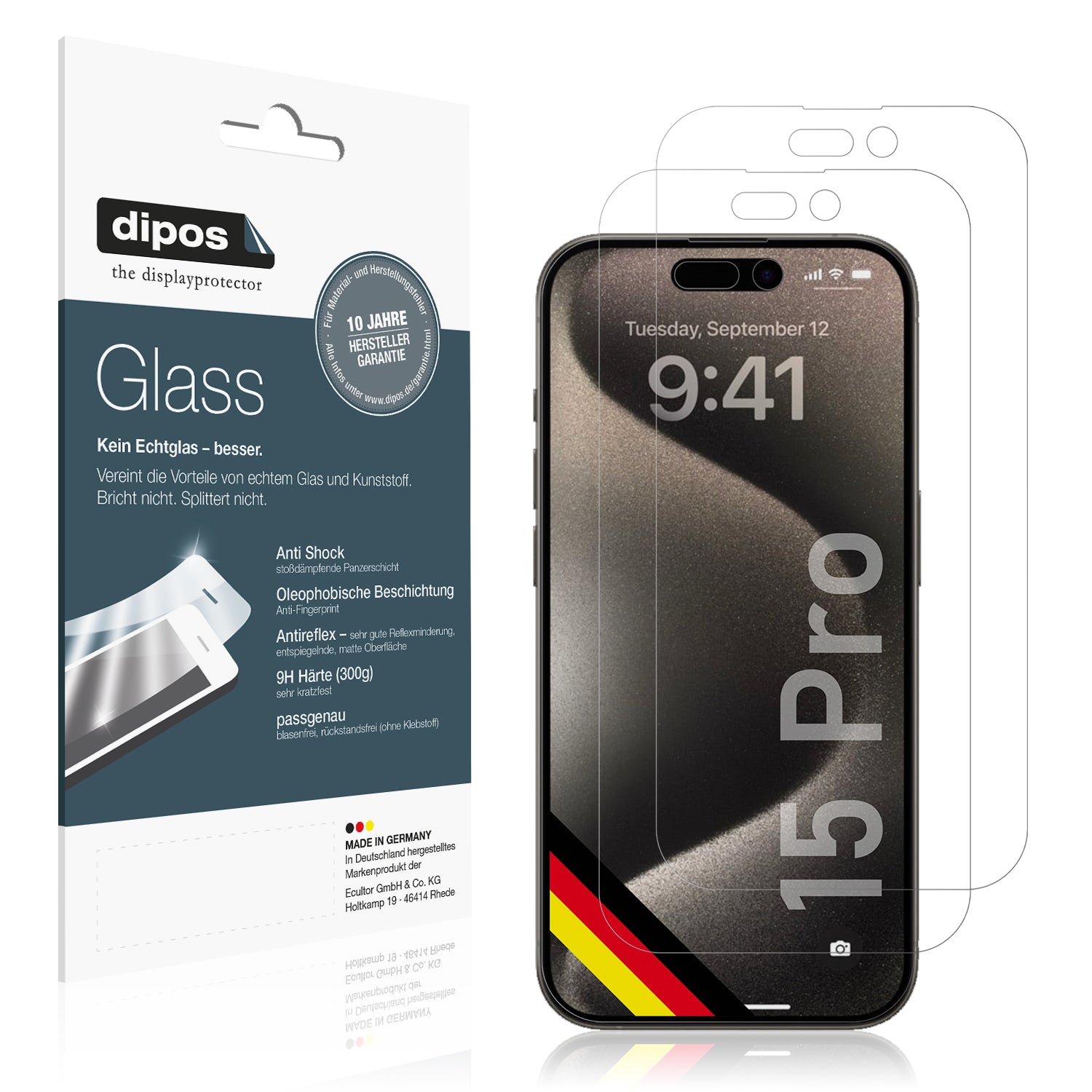 Matte Displayschutzfolie von dipos passend für Apple iPhone 15 Pro, 9H kratzfest und blasenfrei montiert