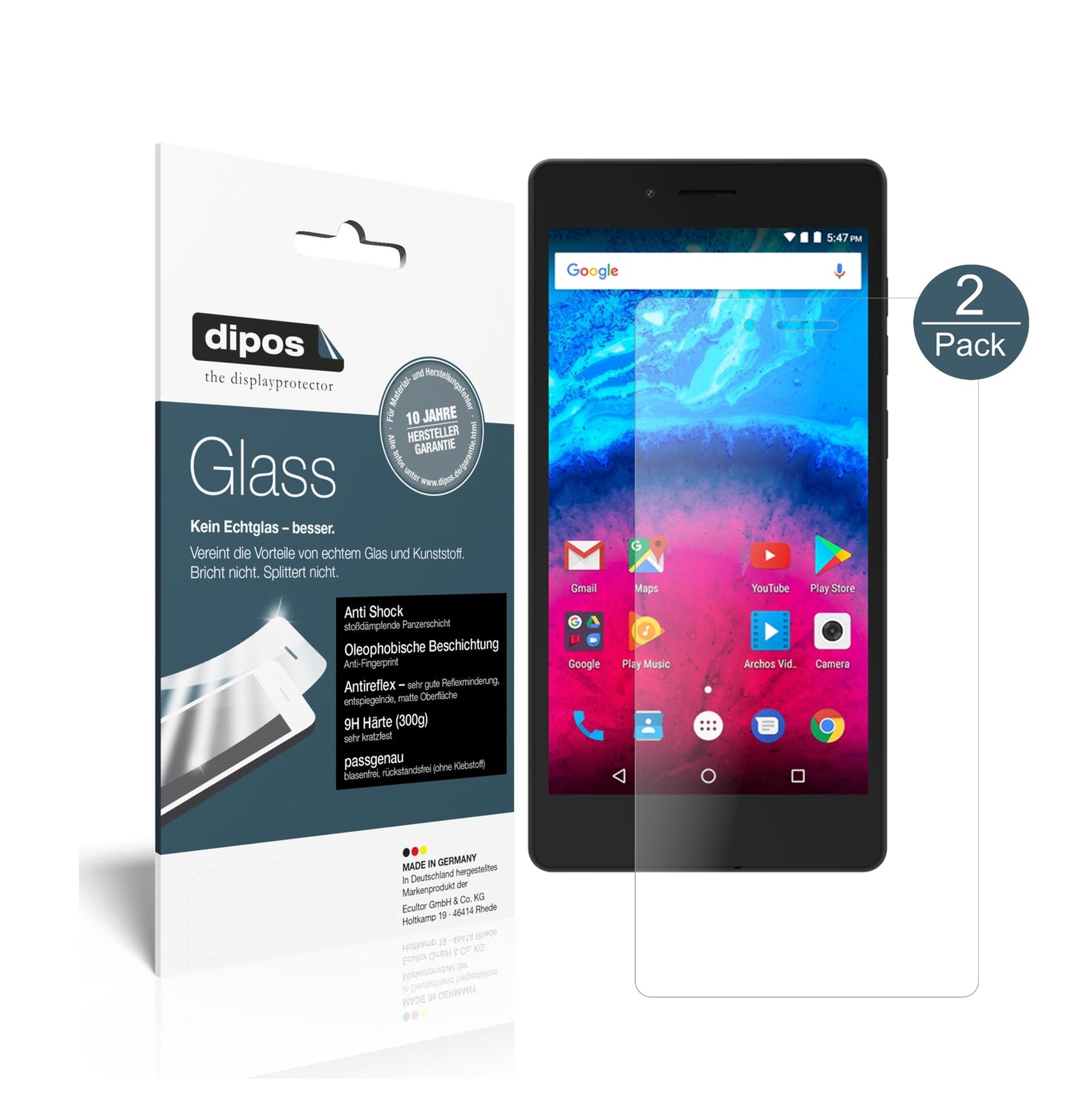 Matte Displayschutzfolie von dipos passend für Archos 50 Core 5,0 Zoll, 9H kratzfest und blasenfrei montiert