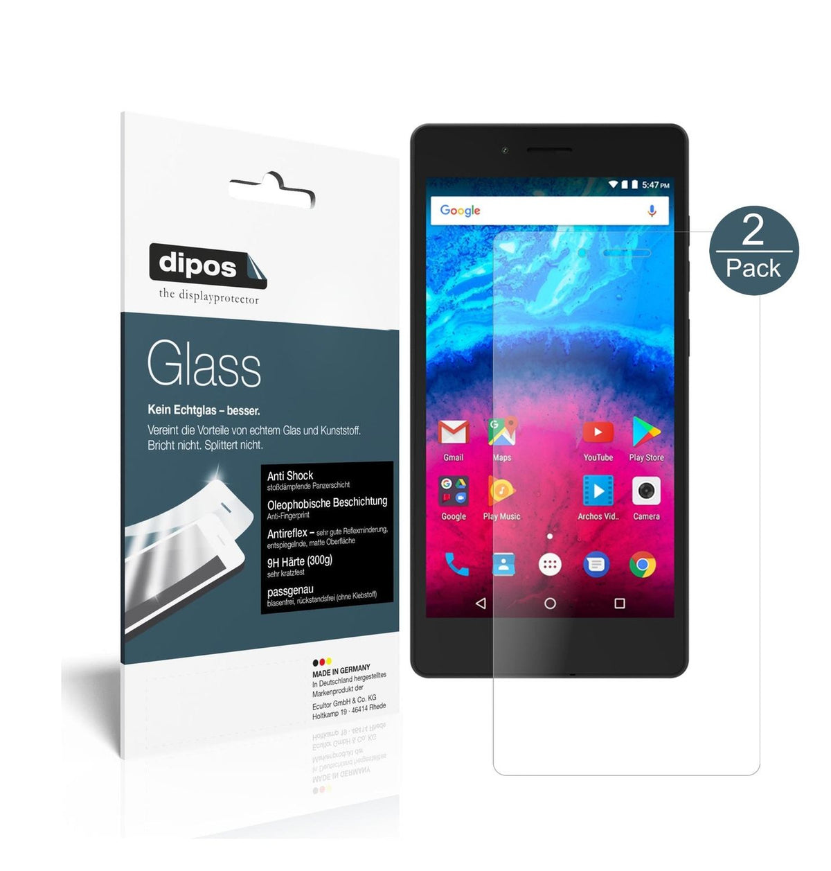 Matte Displayschutzfolie von dipos passend für Archos 50 Core 5,0 Zoll, 9H kratzfest und blasenfrei montiert