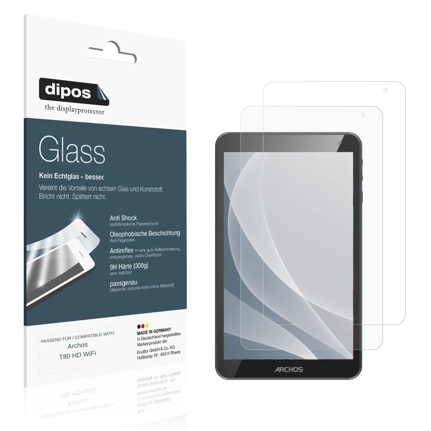 Matte Displayschutzfolie von dipos passend für Archos T80 HD WiFi, 9H kratzfest und blasenfrei montiert