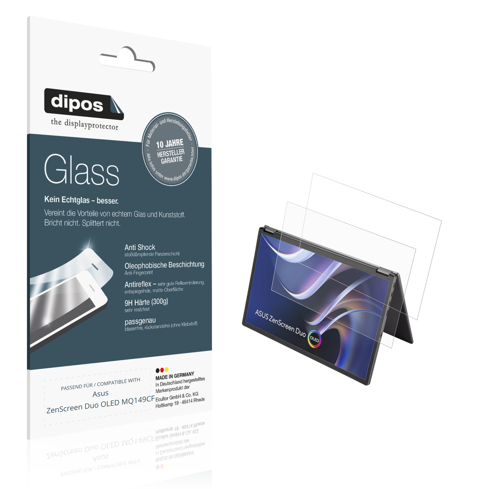 Matte Displayschutzfolie von dipos passend für Asus ZenScreen Duo OLED MQ149CF, 9H kratzfest und blasenfrei montiert