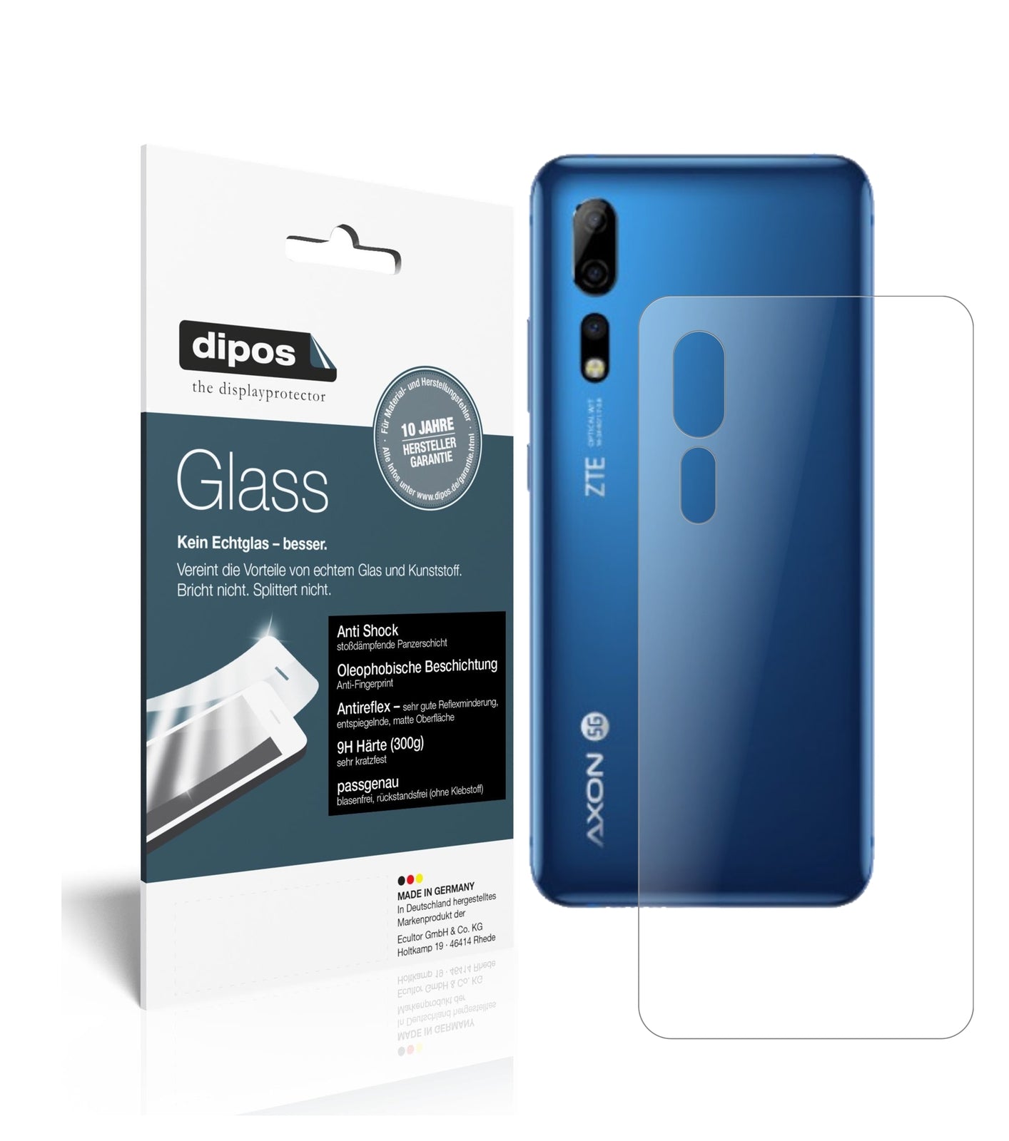 Matte Displayschutzfolie von dipos passend für Axon 10 Pro Rückseite, 9H kratzfest und blasenfrei montiert