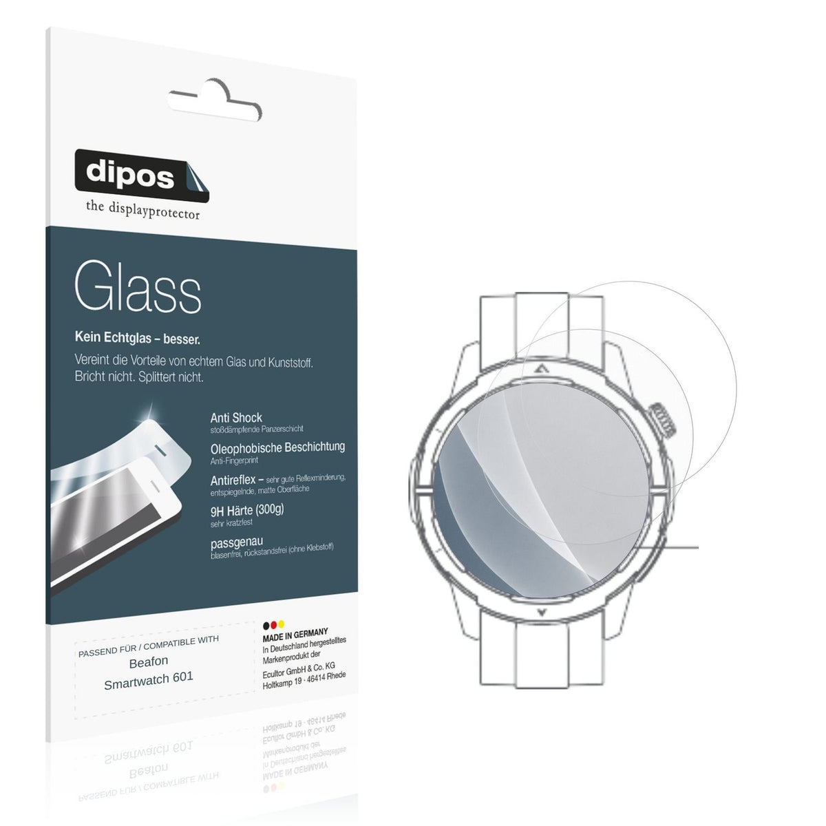 Matte Displayschutzfolie von dipos passend für Beafon Smartwatch 601, 9H kratzfest und blasenfrei montiert