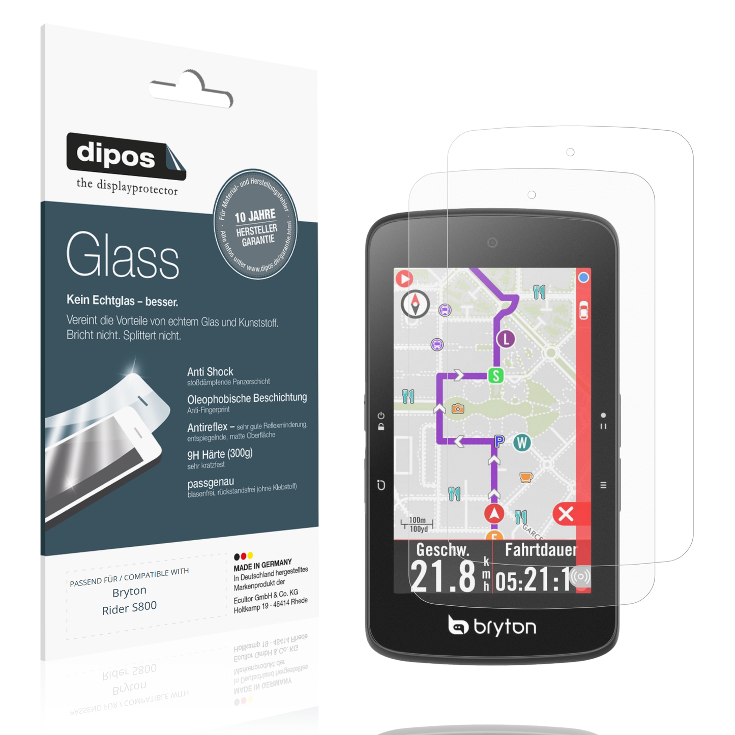 Matte Displayschutzfolie von dipos passend für Bryton Rider S800, 9H kratzfest und blasenfrei montiert