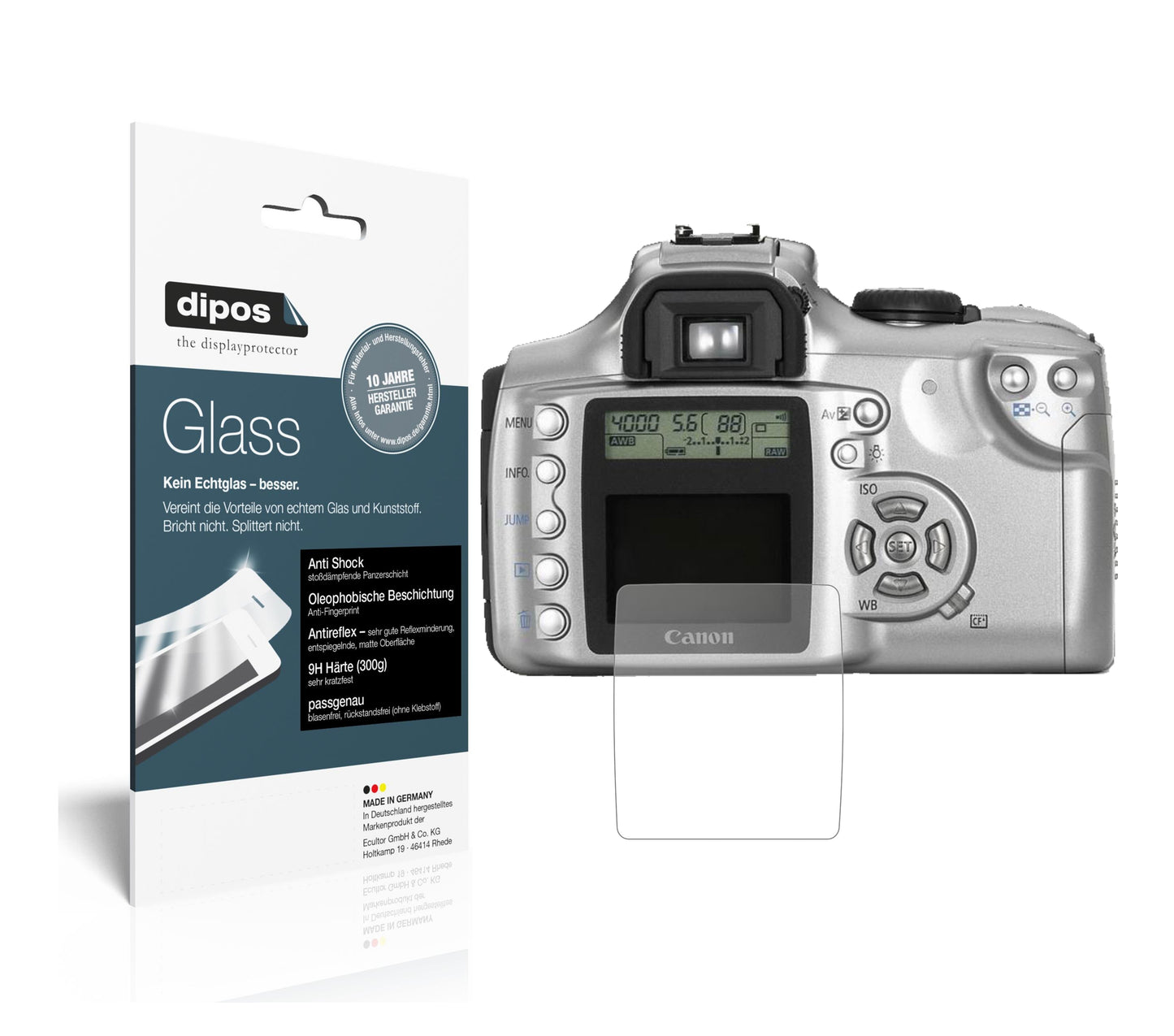 Matte Displayschutzfolie von dipos passend für Canon EOS 300D, 9H kratzfest und blasenfrei montiert