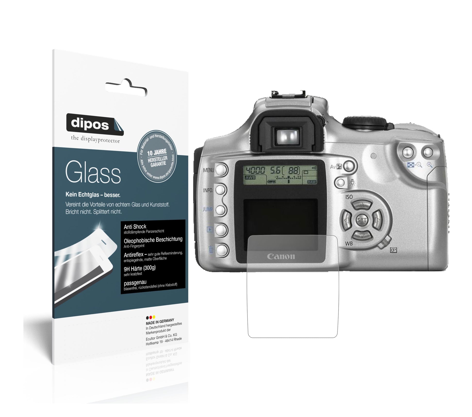 Matte Displayschutzfolie von dipos passend für Canon EOS 300D, 9H kratzfest und blasenfrei montiert