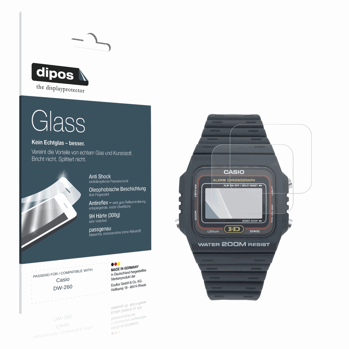 Matte Displayschutzfolie von dipos passend für Casio DW-260, 9H kratzfest und blasenfrei montiert