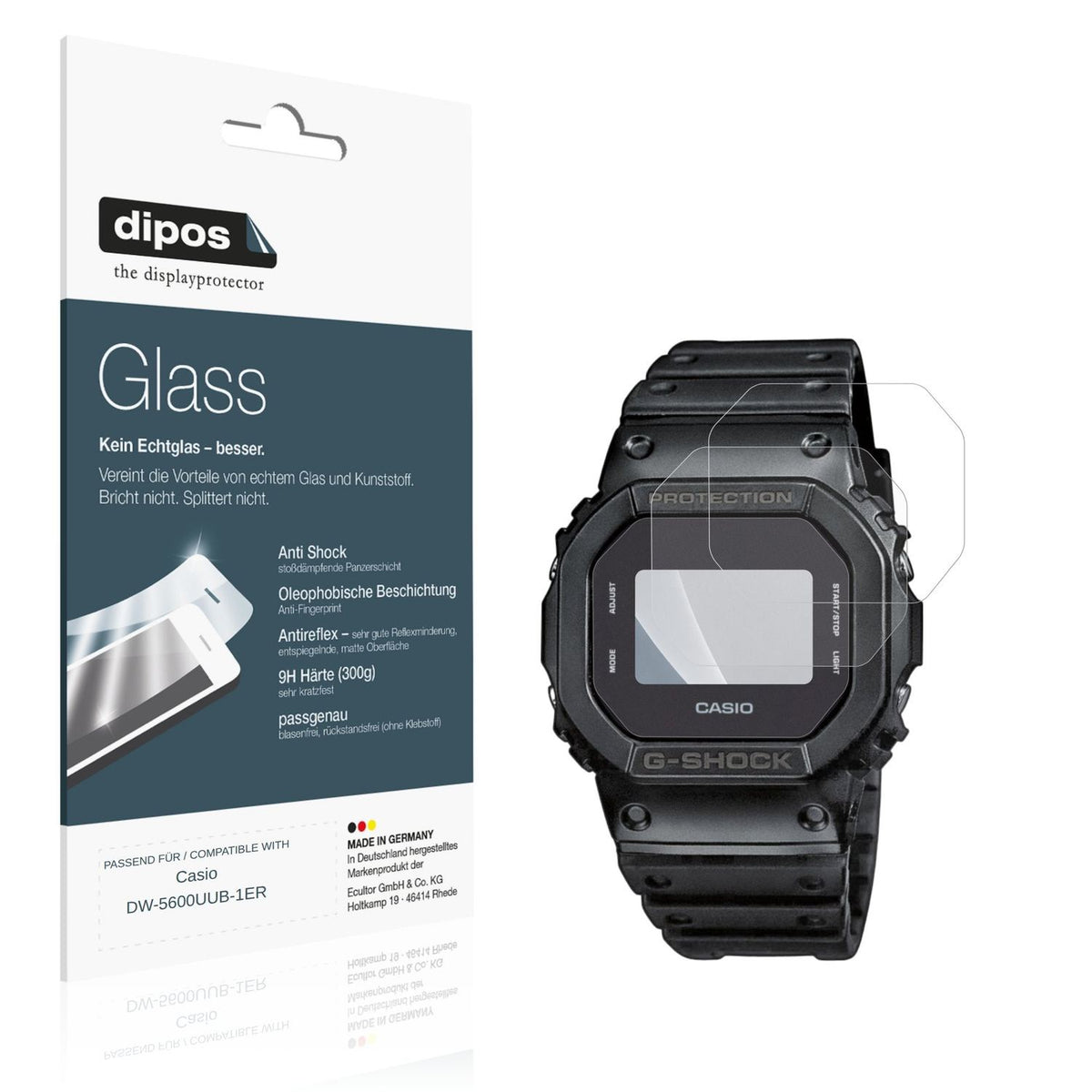 Matte Displayschutzfolie von dipos passend für Casio DW-5600UUB-1ER, 9H kratzfest und blasenfrei montiert