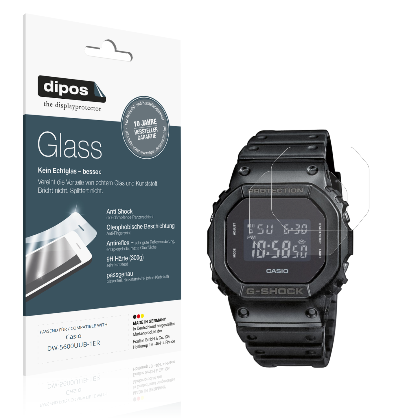 Matte Displayschutzfolie von dipos passend für Casio DW-5600UUB-1ER, 9H kratzfest und blasenfrei montiert