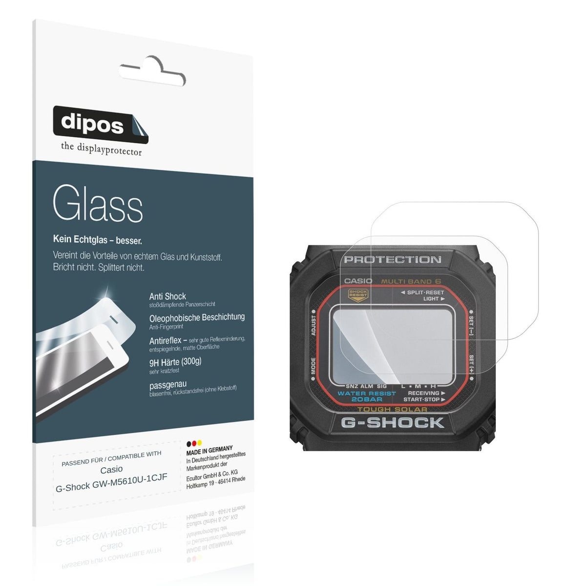 Matte Displayschutzfolie von dipos passend für Casio G-Shock GW-M5610U-1CJF, 9H kratzfest und blasenfrei montiert
