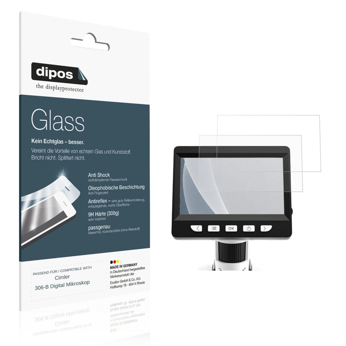 Matte Displayschutzfolie von dipos passend für Cimler 306-B Digital Mikroskop, 9H kratzfest und blasenfrei montiert