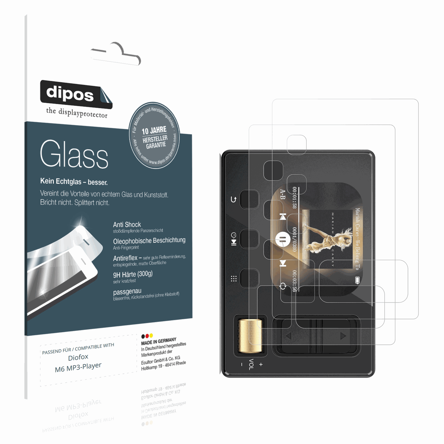 Matte Displayschutzfolie von dipos passend für Diofox M6 MP3-Player, 9H kratzfest und blasenfrei montiert