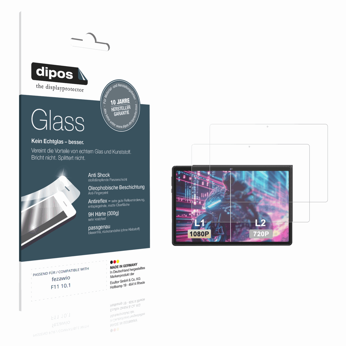 Matte Displayschutzfolie von dipos passend für fezawio F11 10.1, 9H kratzfest und blasenfrei montiert