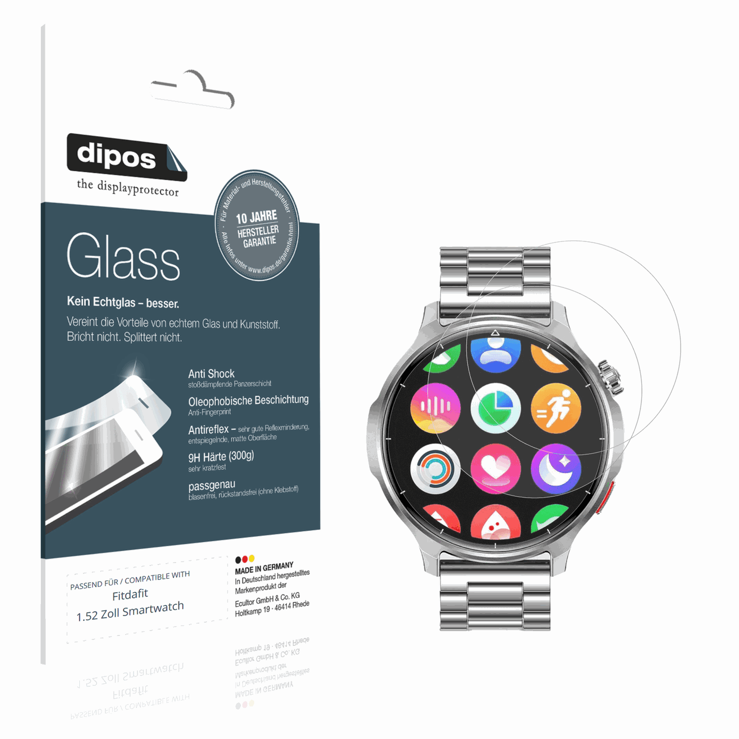 Matte Displayschutzfolie von dipos passend für Fitdafit 1.52 Zoll Smartwatch, 9H kratzfest und blasenfrei montiert