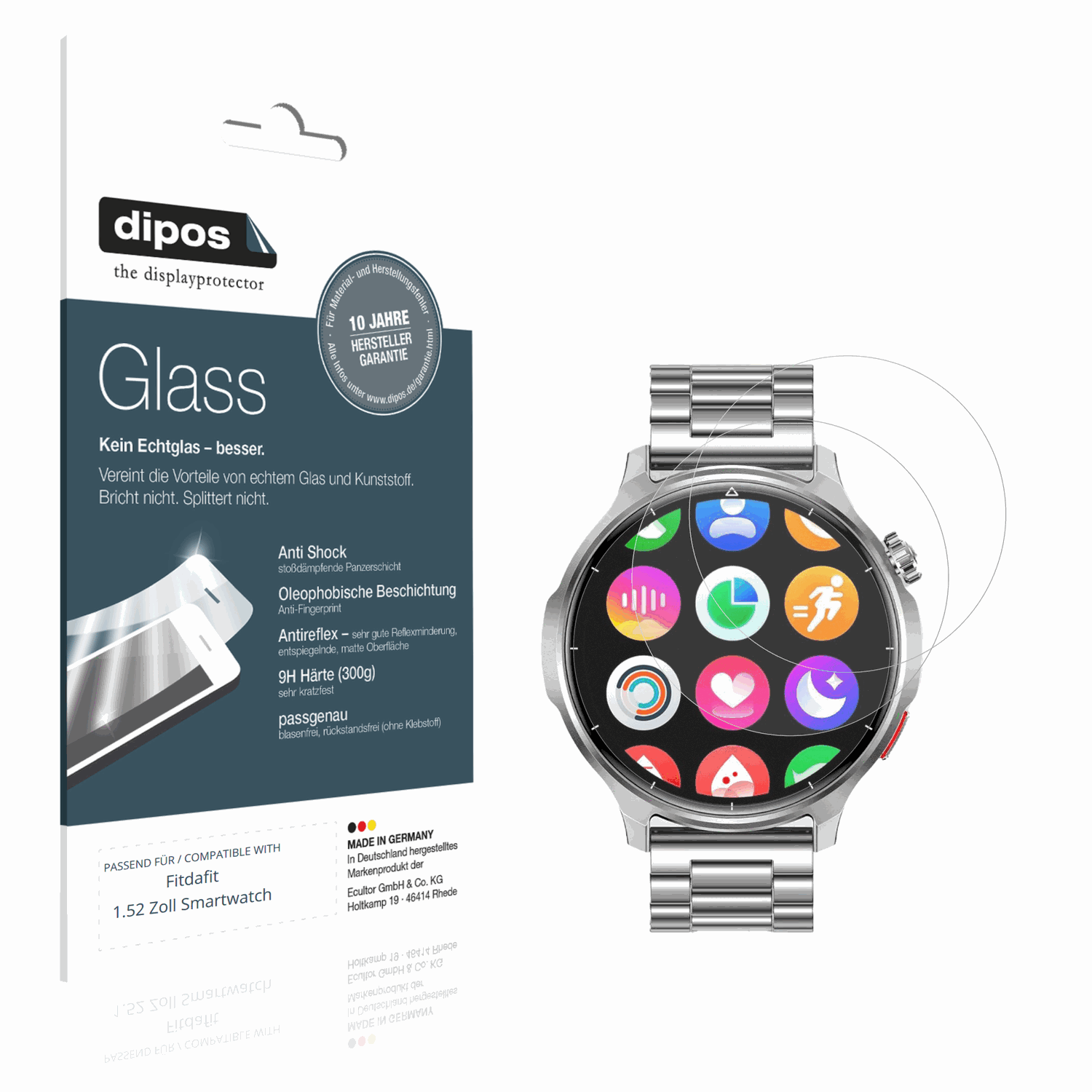 Matte Displayschutzfolie von dipos passend für Fitdafit 1.52 Zoll Smartwatch, 9H kratzfest und blasenfrei montiert