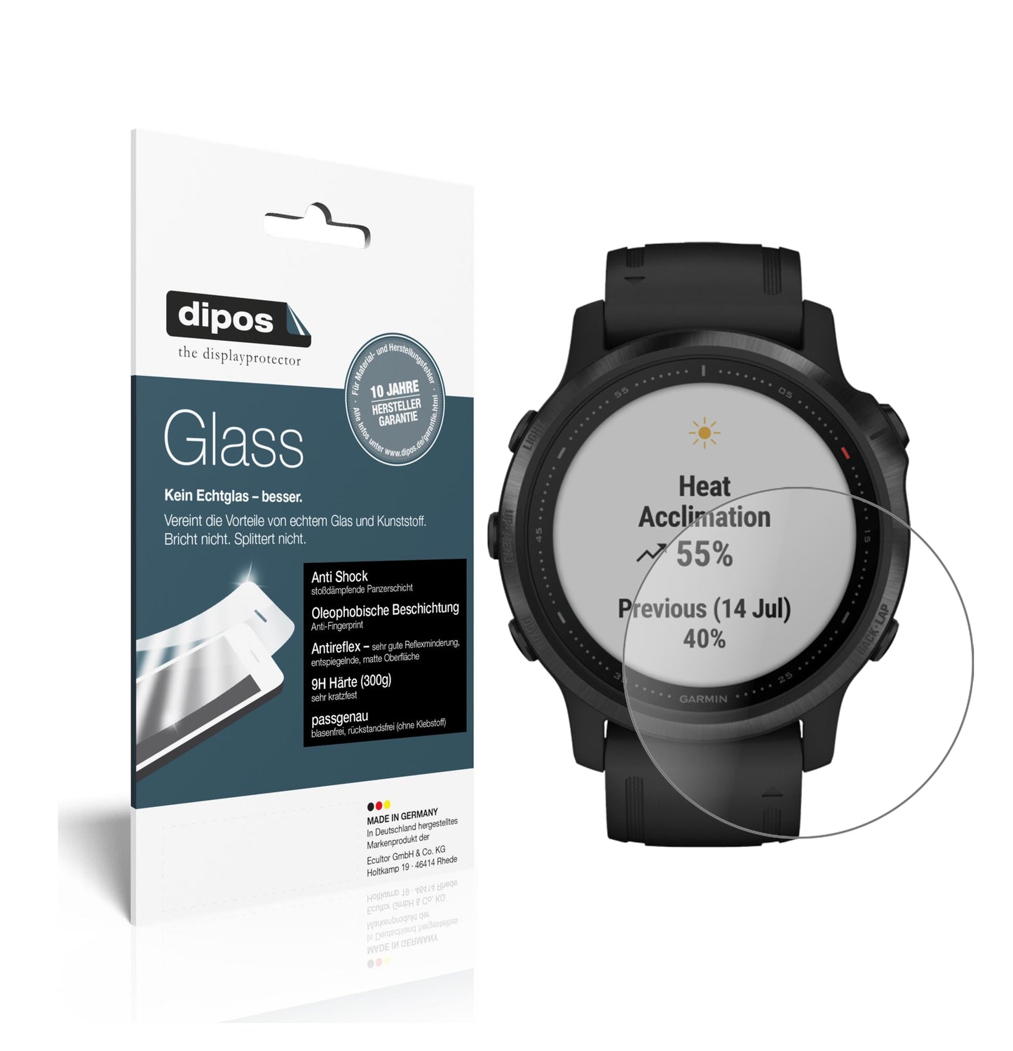 Matte Displayschutzfolie von dipos passend für Garmin fenix 6S Pro, 9H kratzfest und blasenfrei montiert