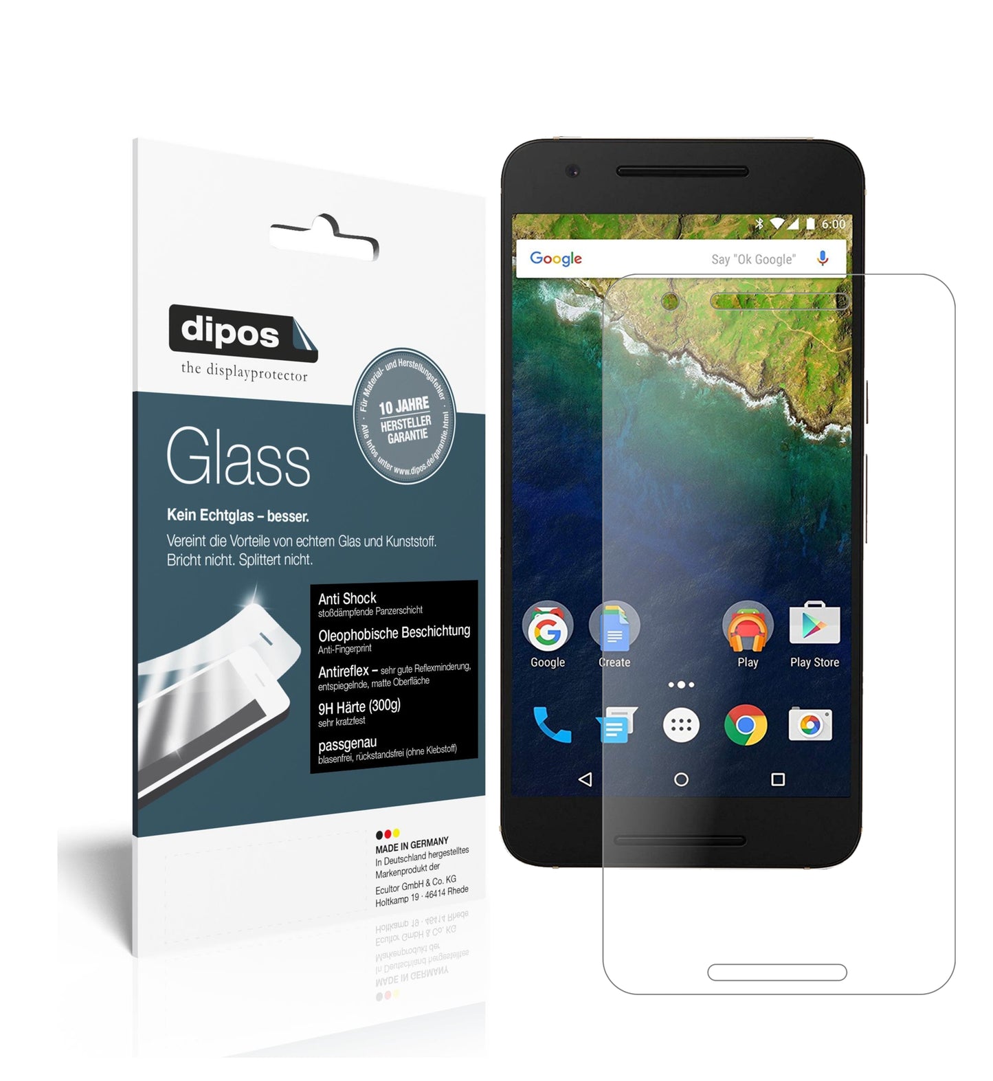 Matte Displayschutzfolie von dipos passend für Google Nexus 6P, 9H kratzfest und blasenfrei montiert