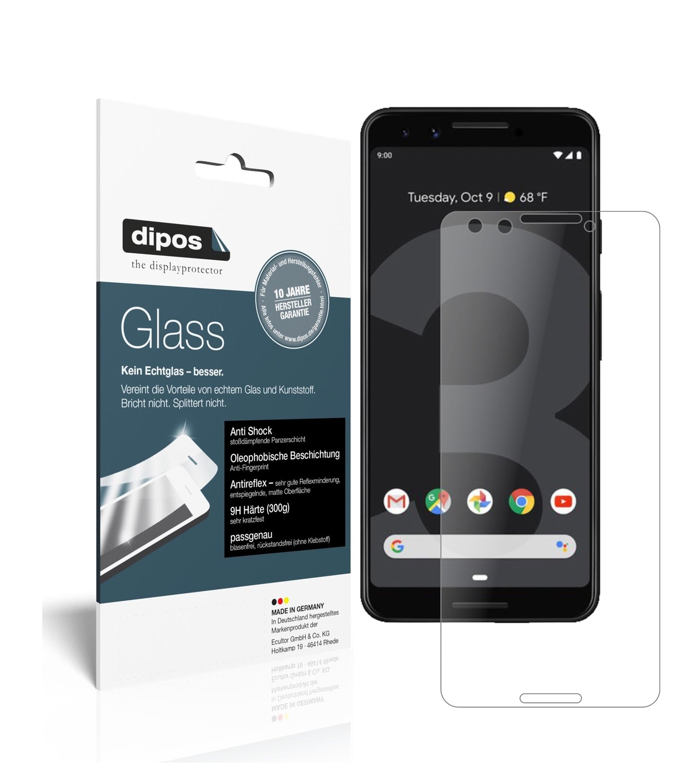 Matte Displayschutzfolie von dipos passend für Google Pixel 3, 9H kratzfest und blasenfrei montiert