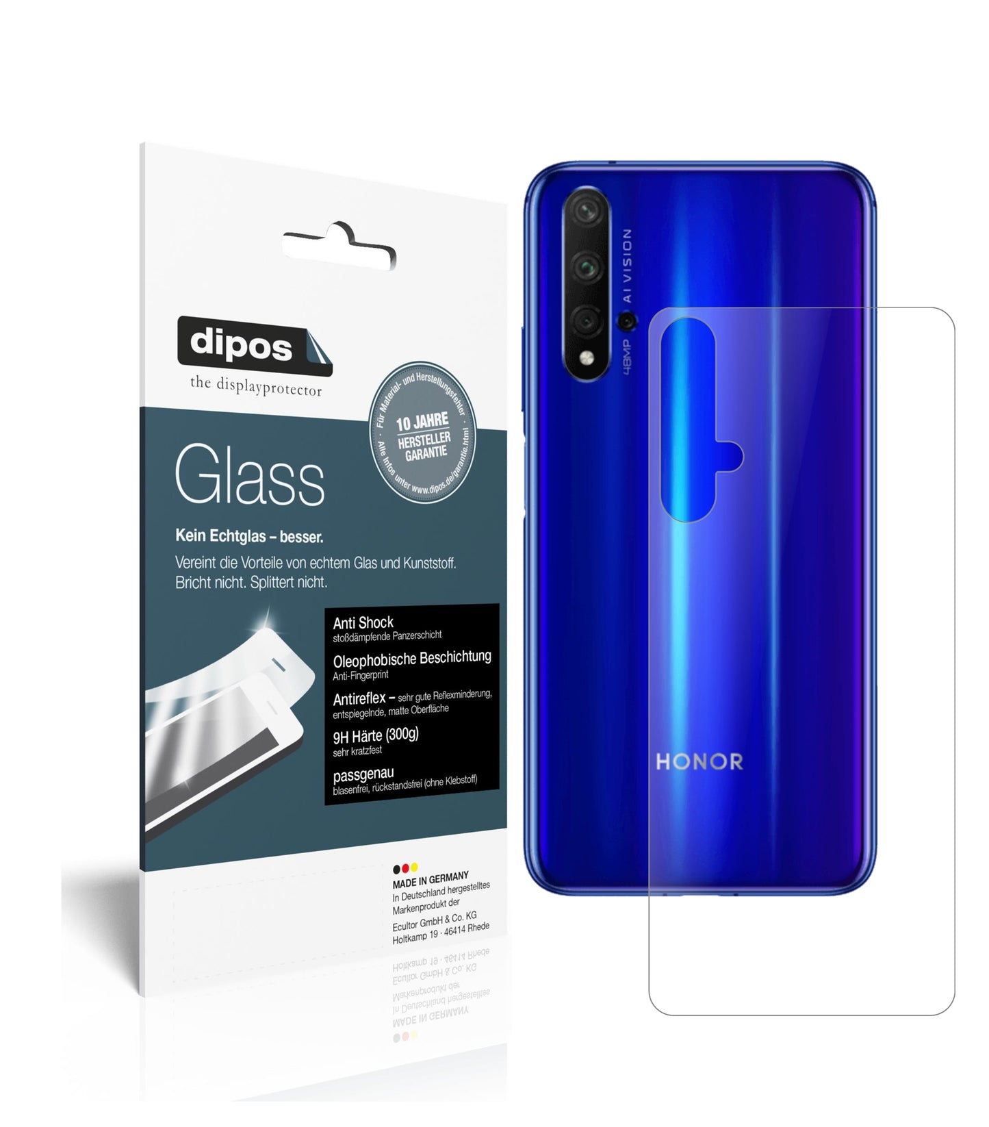Matte Displayschutzfolie von dipos passend für Honor 20S Rückseite, 9H kratzfest und blasenfrei montiert