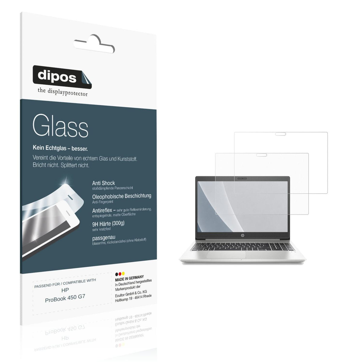 Matte Displayschutzfolie von dipos passend für HP ProBook 450 G7, 9H kratzfest und blasenfrei montiert