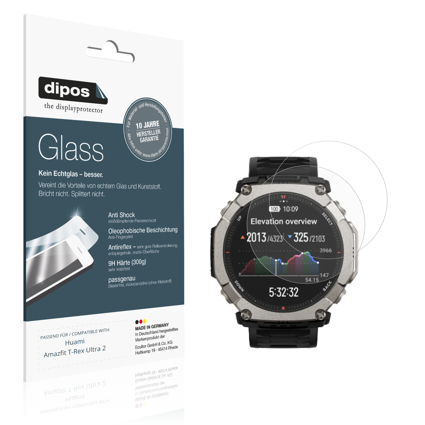 Matte Displayschutzfolie von dipos passend für Huami Amazfit T-Rex Ultra 2, 9H kratzfest und blasenfrei montiert