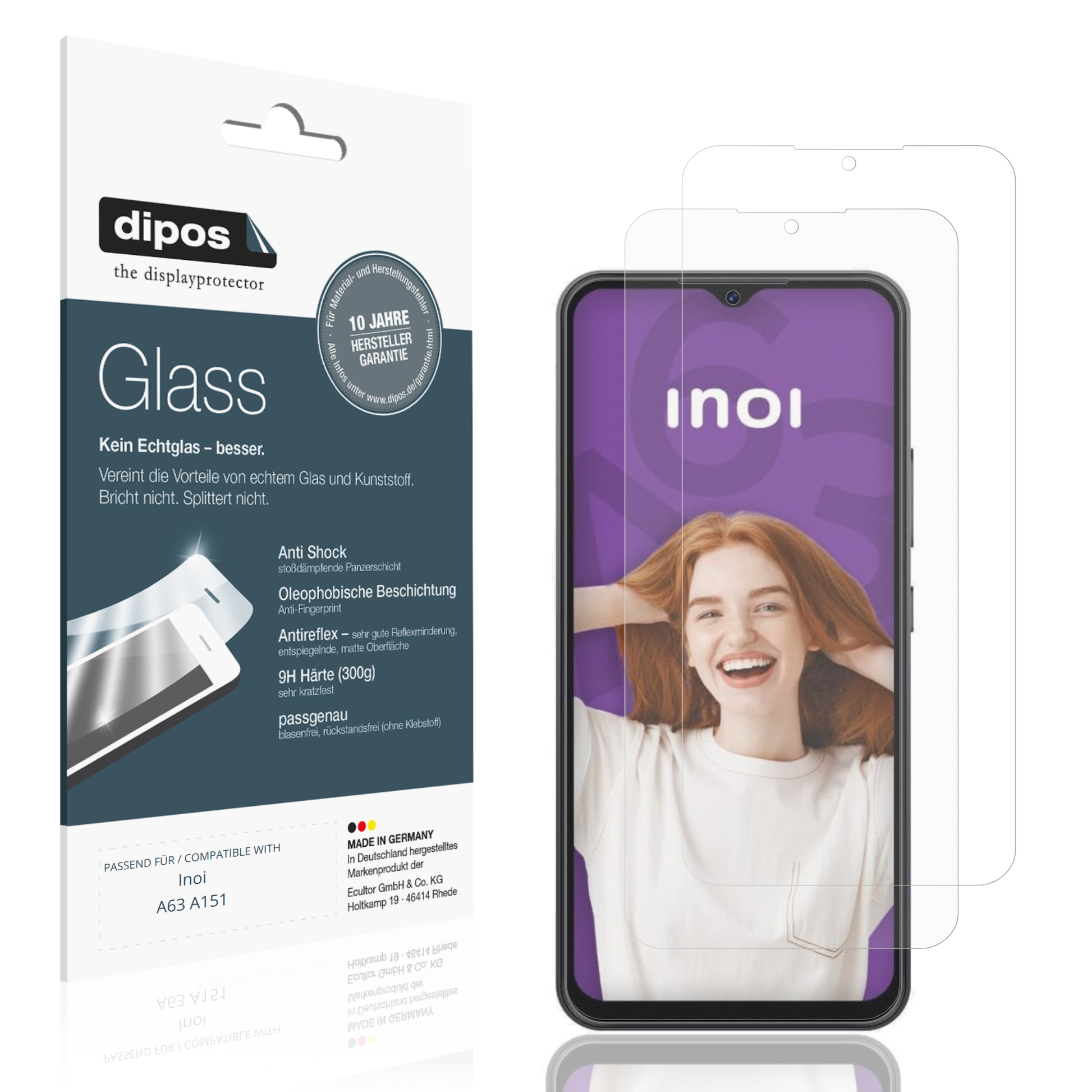 Matte Displayschutzfolie von dipos passend für Inoi A63 A151, 9H kratzfest und blasenfrei montiert