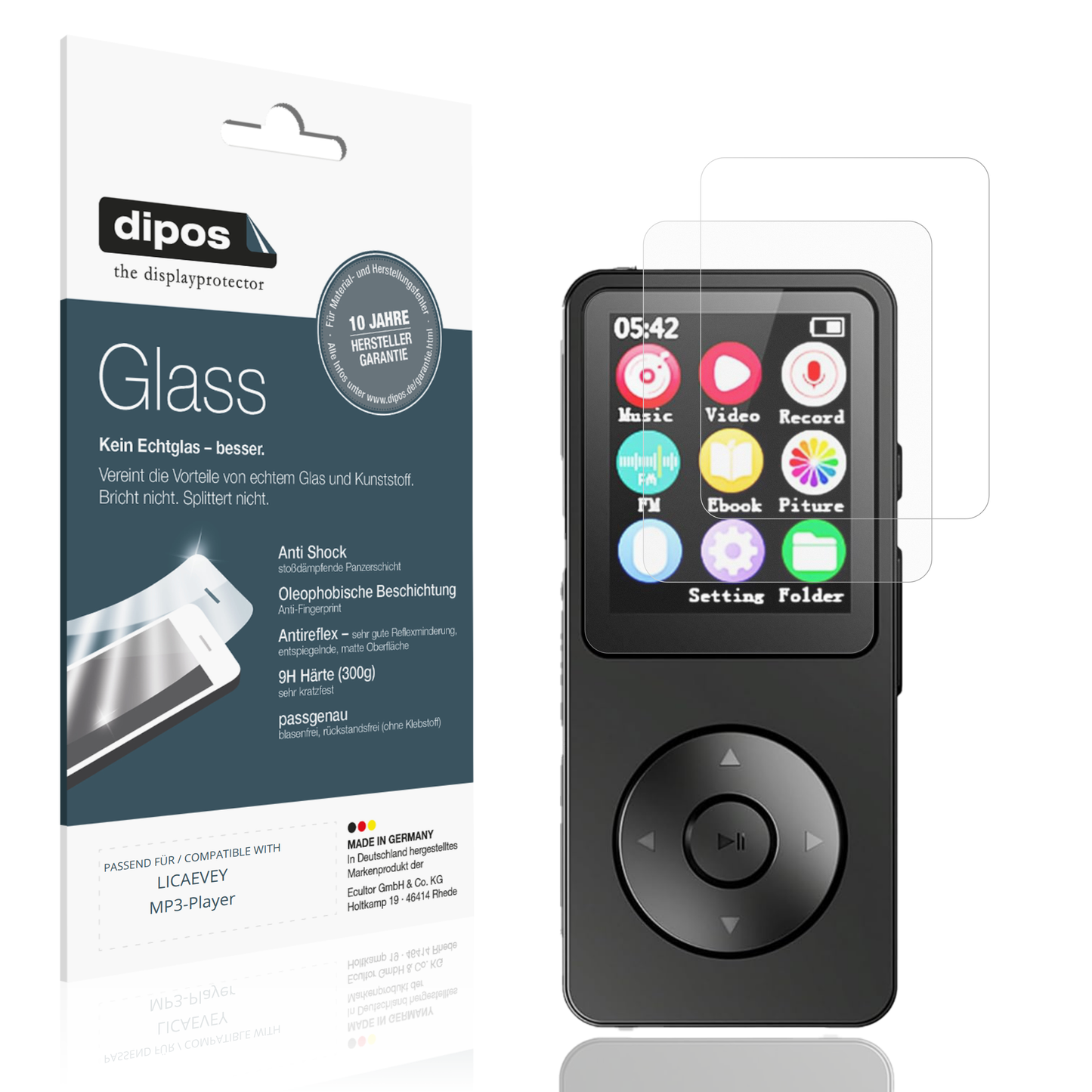Matte Displayschutzfolie von dipos passend für LICAEVEY MP3-Player, 9H kratzfest und blasenfrei montiert
