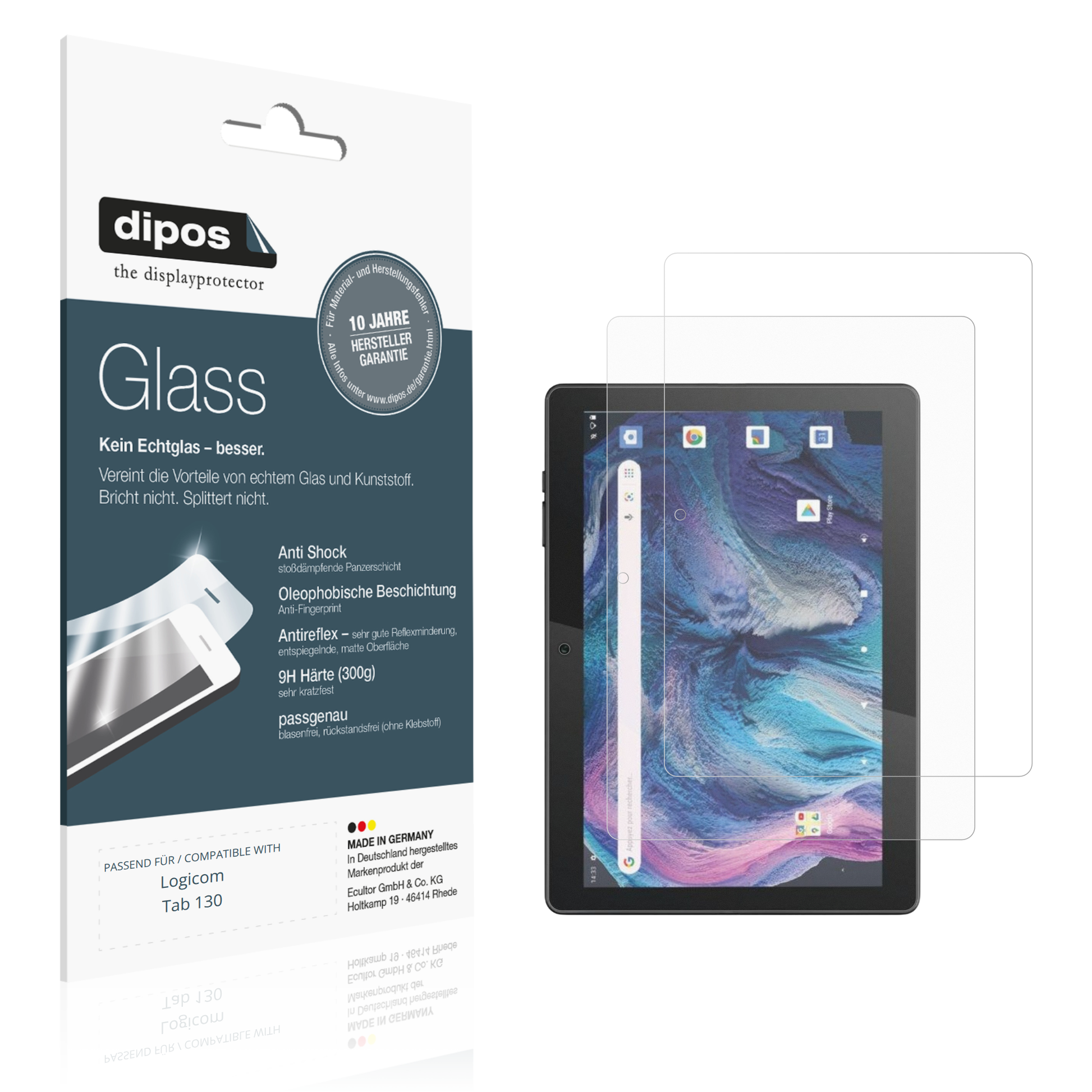 Matte Displayschutzfolie von dipos passend für Logicom Tab 130, 9H kratzfest und blasenfrei montiert