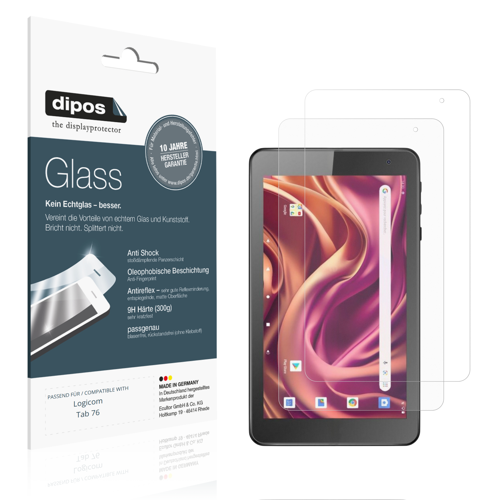 Matte Displayschutzfolie von dipos passend für Logicom Tab 76, 9H kratzfest und blasenfrei montiert