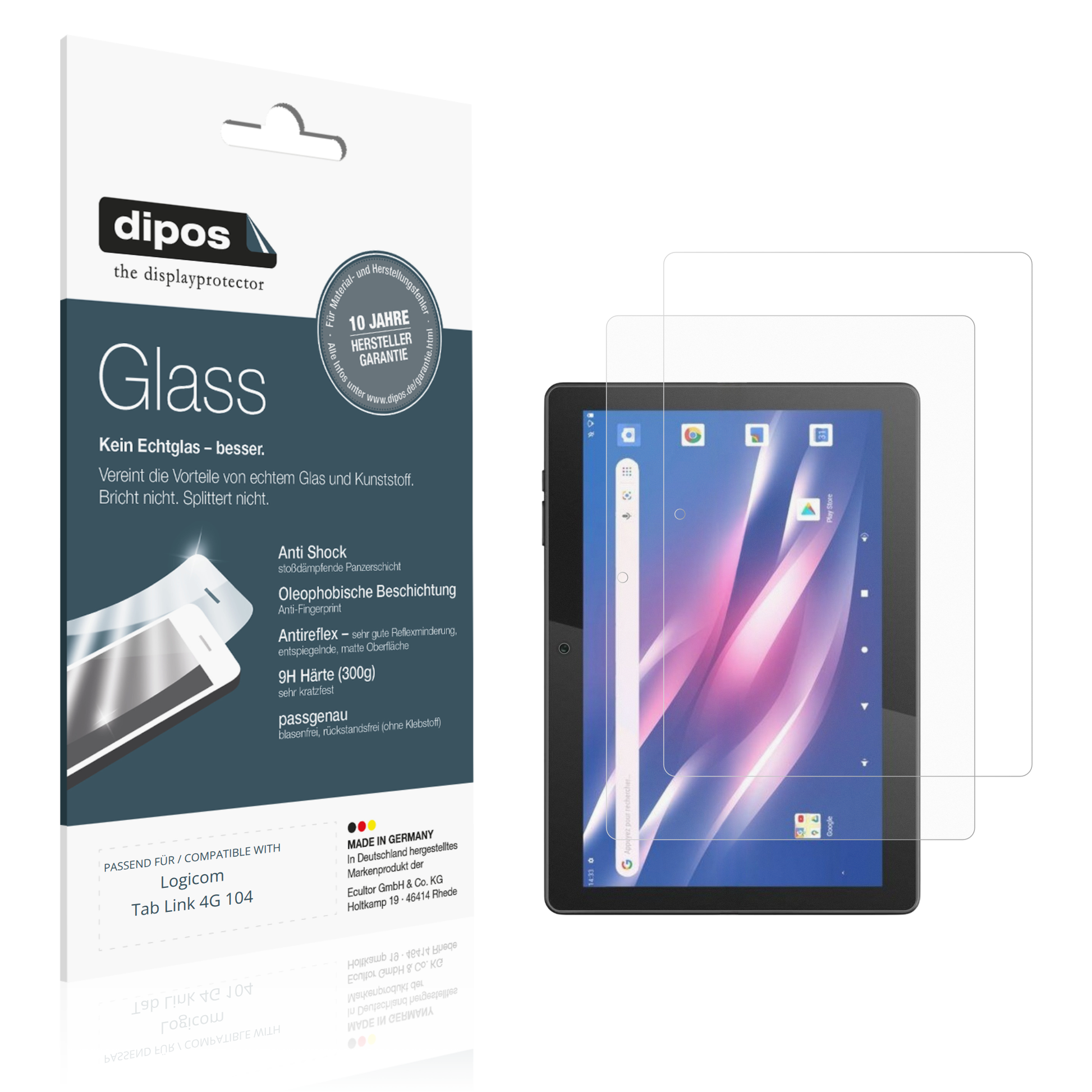 Matte Displayschutzfolie von dipos passend für Logicom Tab Link 4G 104, 9H kratzfest und blasenfrei montiert