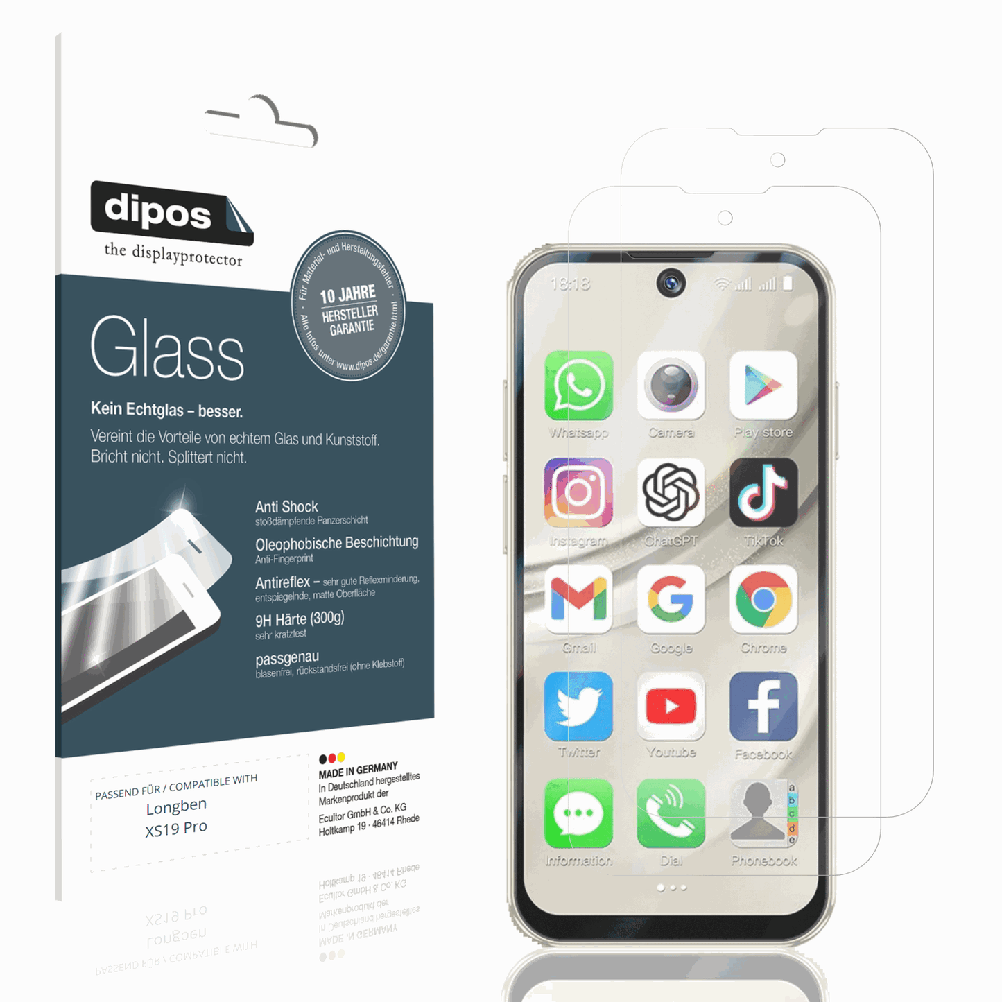 Matte Displayschutzfolie von dipos passend für Longben XS19 Pro, 9H kratzfest und blasenfrei montiert