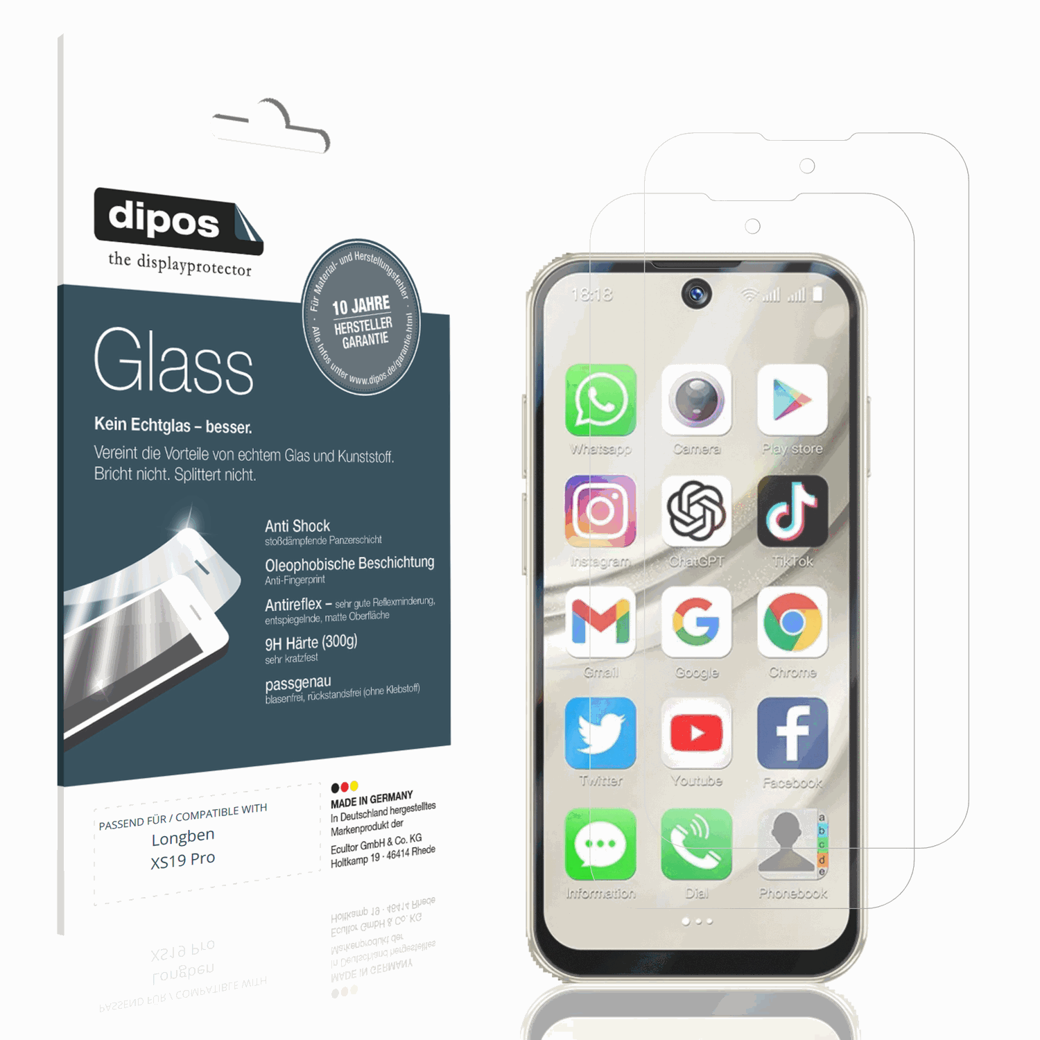 Matte Displayschutzfolie von dipos passend für Longben XS19 Pro, 9H kratzfest und blasenfrei montiert