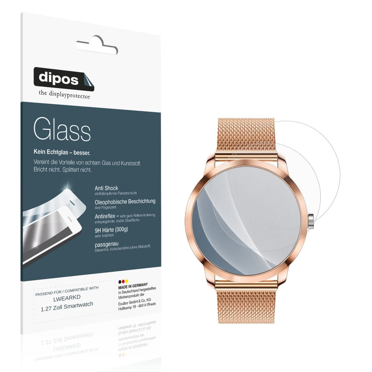Matte Displayschutzfolie von dipos passend für LWEARKD 1.27 Zoll Smartwatch, 9H kratzfest und blasenfrei montiert
