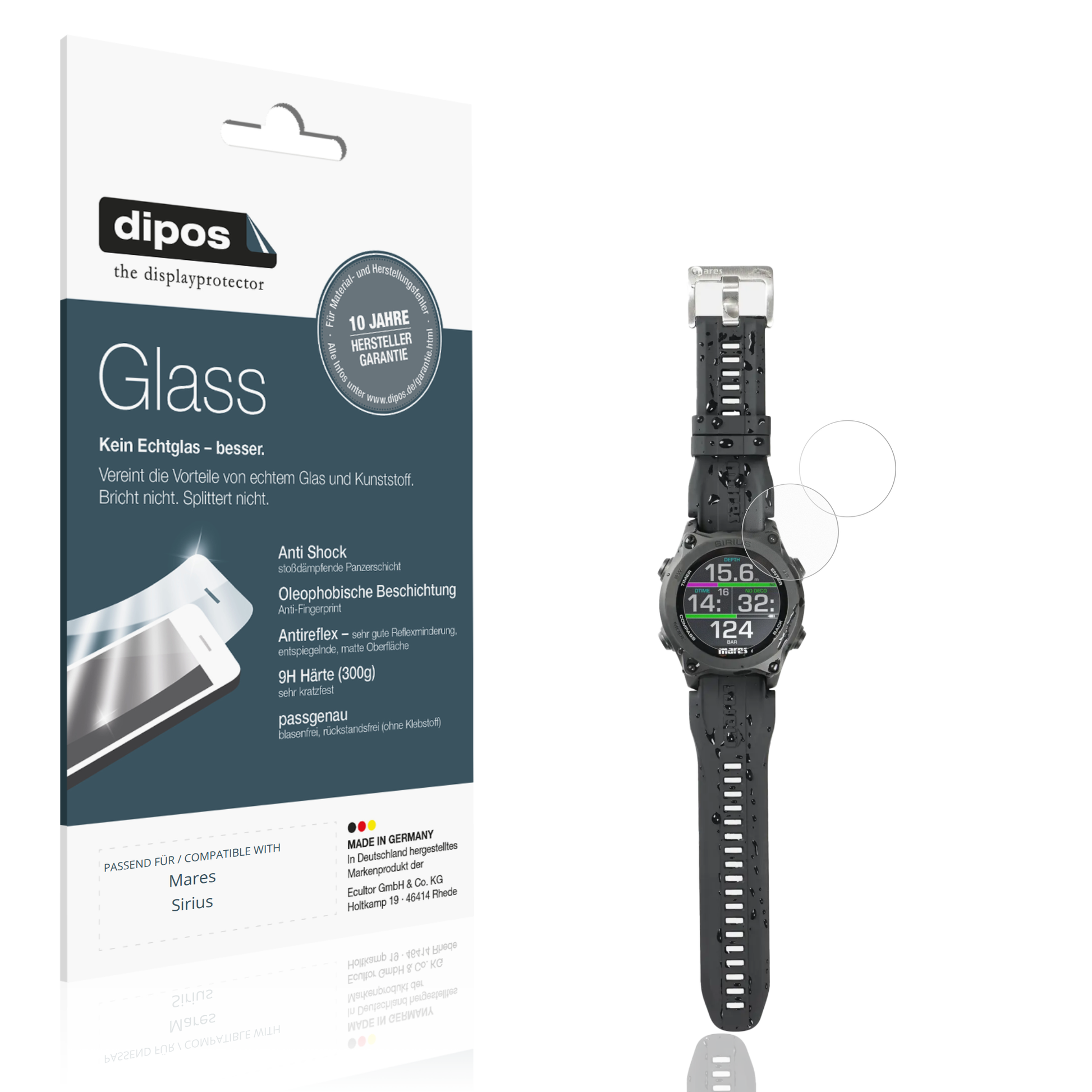 Matte Displayschutzfolie von dipos passend für Mares Sirius, 9H kratzfest und blasenfrei montiert