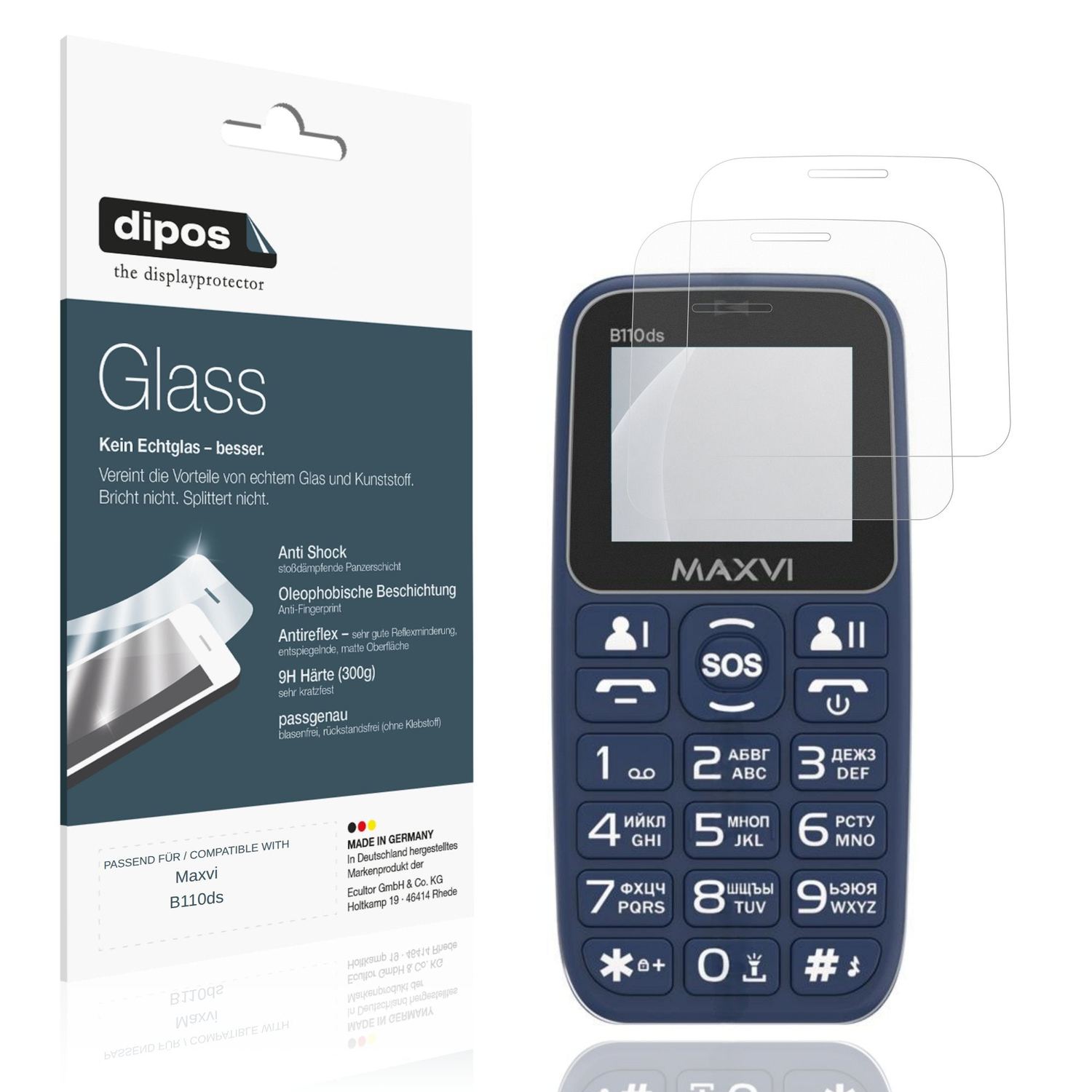 Matte Displayschutzfolie von dipos passend für Maxvi B110ds, 9H kratzfest und blasenfrei montiert