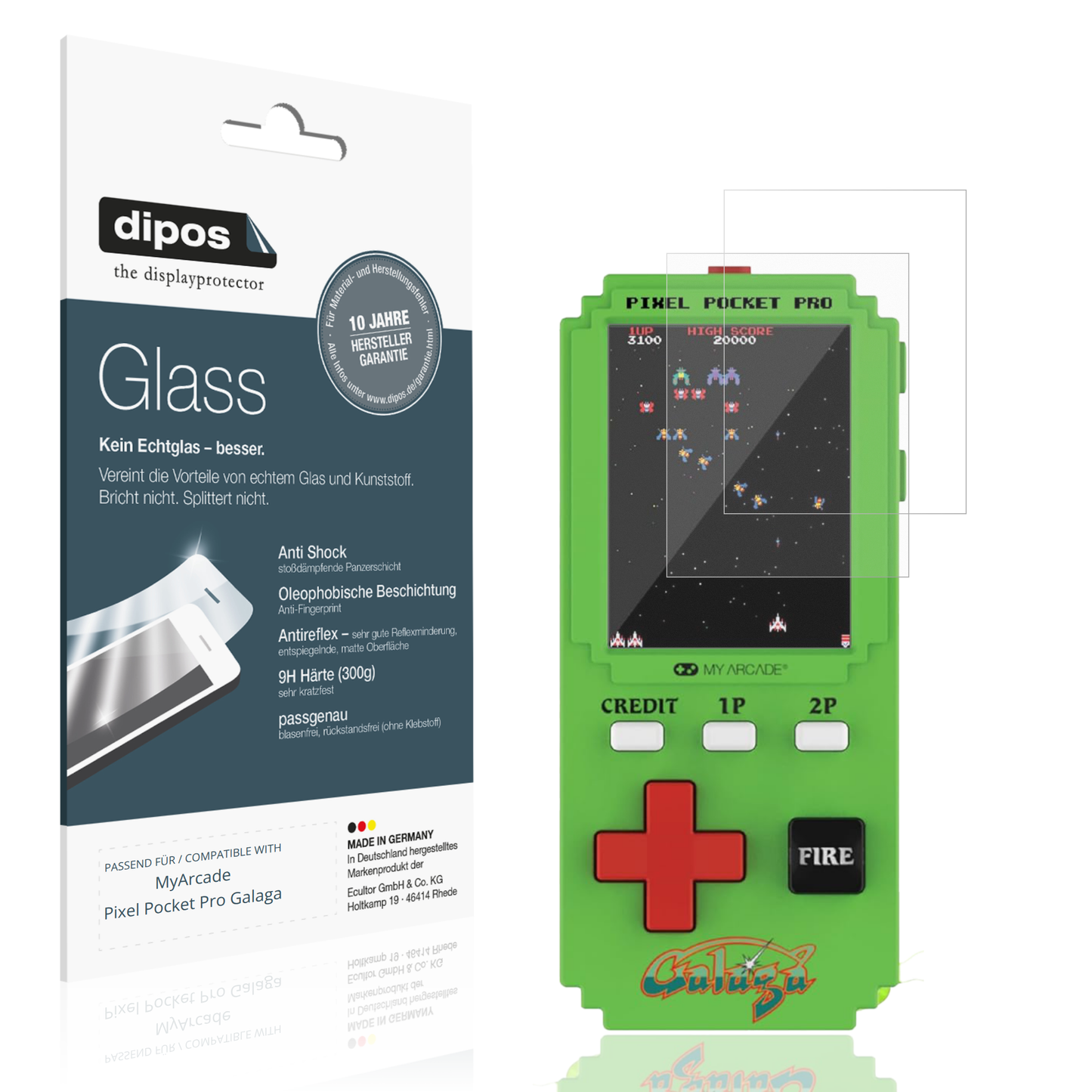 Matte Displayschutzfolie von dipos passend für MyArcade Pixel Pocket Pro Galaga, 9H kratzfest und blasenfrei montiert
