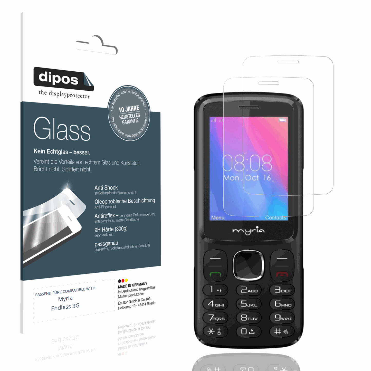 Matte Displayschutzfolie von dipos passend für Myria Endless 3G, 9H kratzfest und blasenfrei montiert