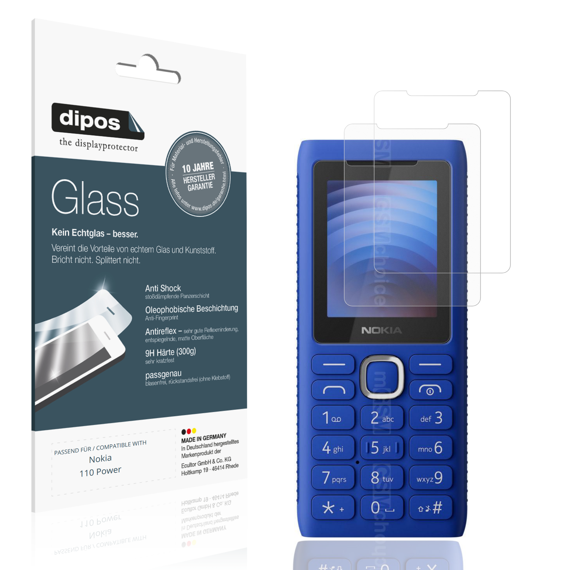 Matte Displayschutzfolie von dipos passend für Nokia 110 Power, 9H kratzfest und blasenfrei montiert